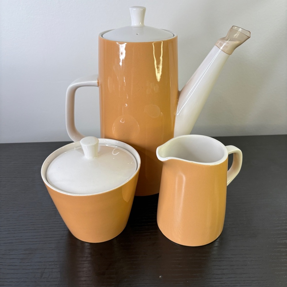 Vintage Mikasa Cera-Stone Tan Coffee Pot Sugar Creamer MCM EUC